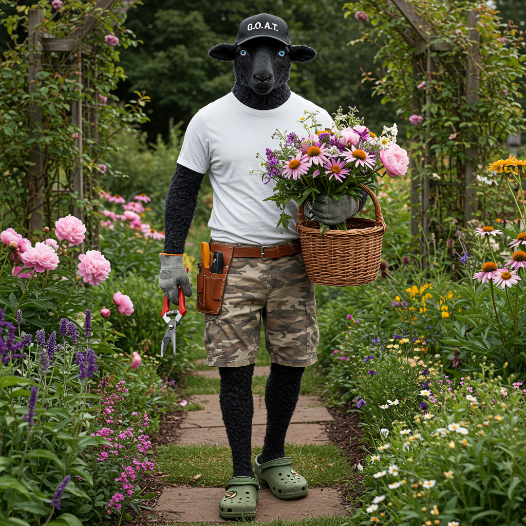 Mouton Noir working on his cut flowers